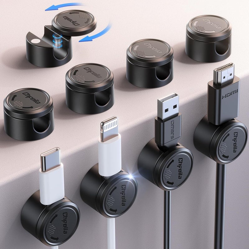 Chfeila 9 Pack Cord Organizer, [360°Rotating Twist-Lock] Magnetic Cable Management Clips, Adhesive Phone Charging Keeper Wire Cord Holder for Nightstand/Car/Wall, Office Desk Accessories Decor (Black) - Image 1